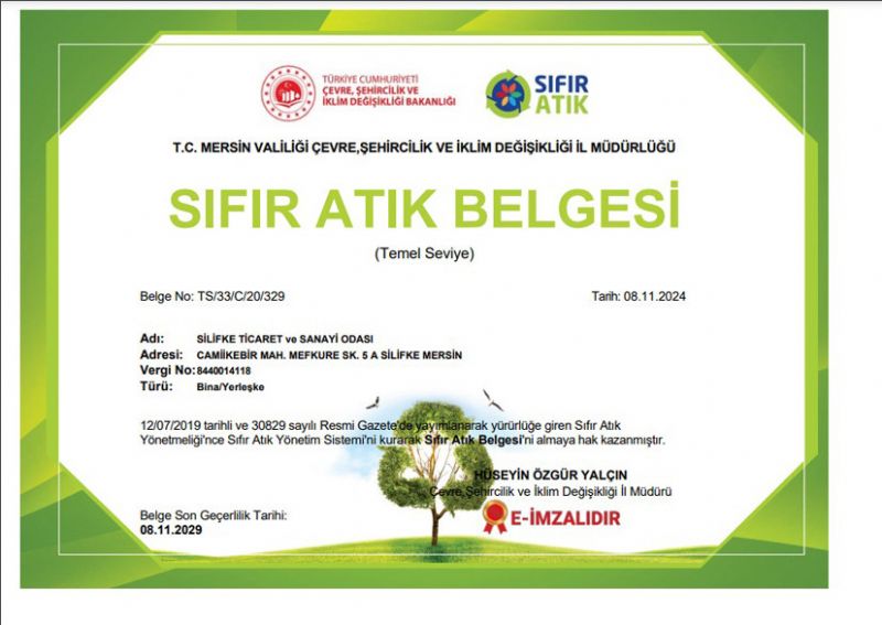 Silifke Ticaret ve Sanayi Odasna Sfr Atk Belgesi...